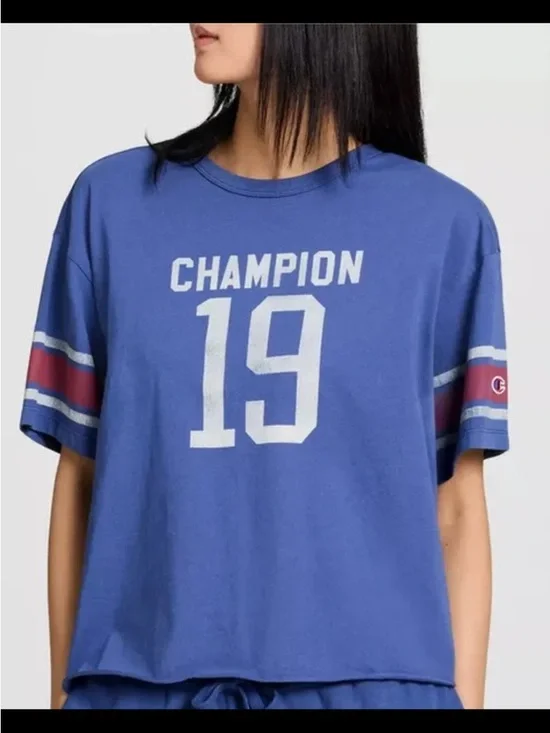 NEW Champion Blue '19' Graphic Short Sleeve Tee with Red & White Stripe Sleeves - Picture 1 of 6